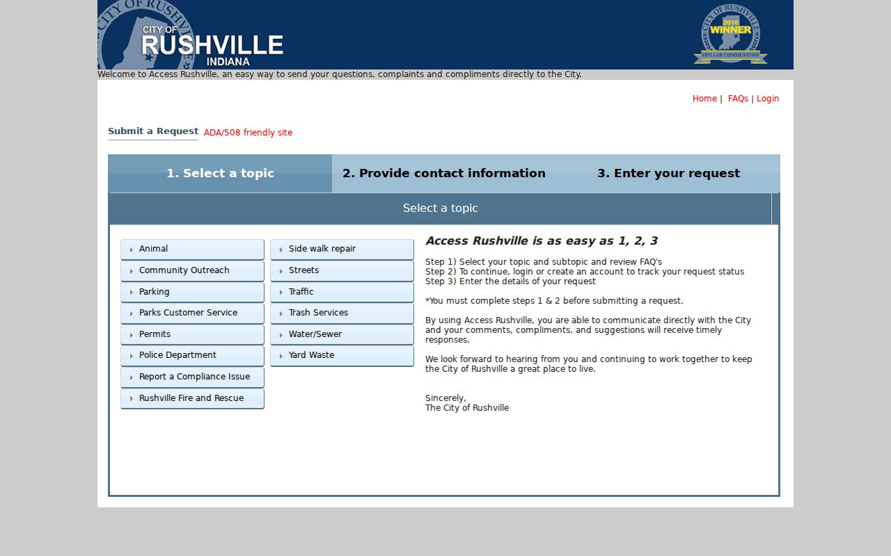 Access Rushville city request topic and contact interface