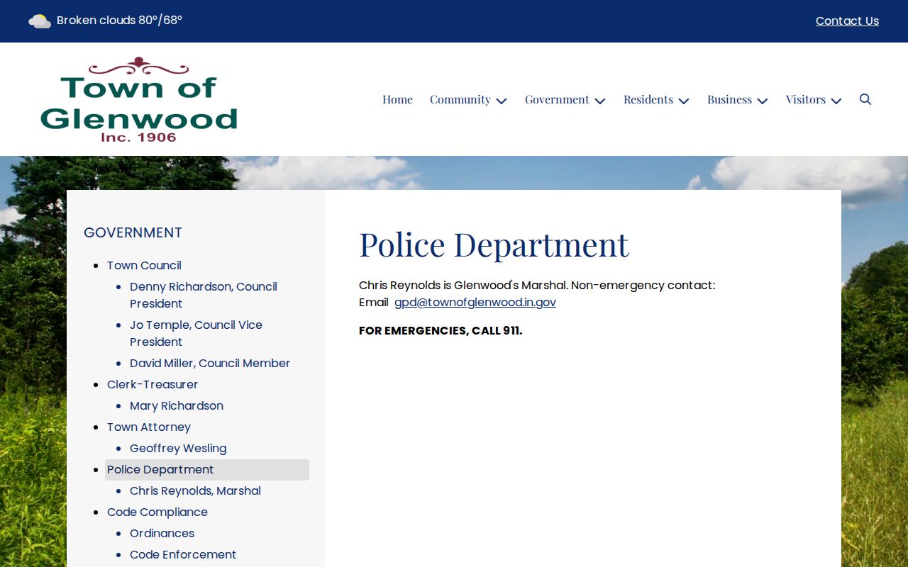Official Glenwood Town Marshal page with non-emergency contact information