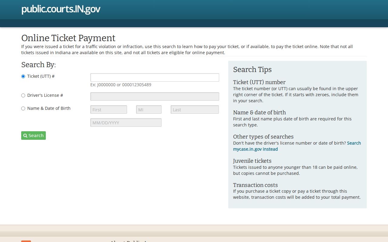 Indiana public court ePay entry screen for eligible Rush County traffic cases